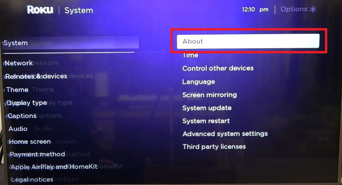 About Option on Roku