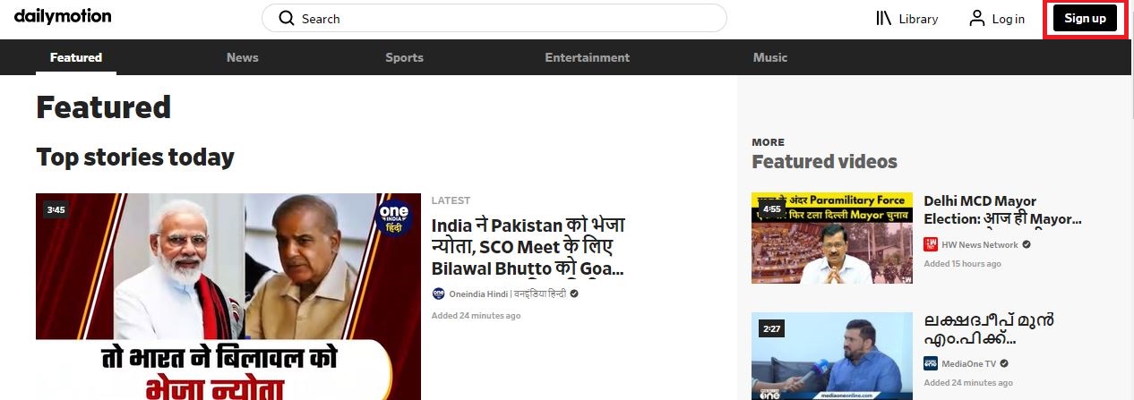 Sign Up button on Dailymotion