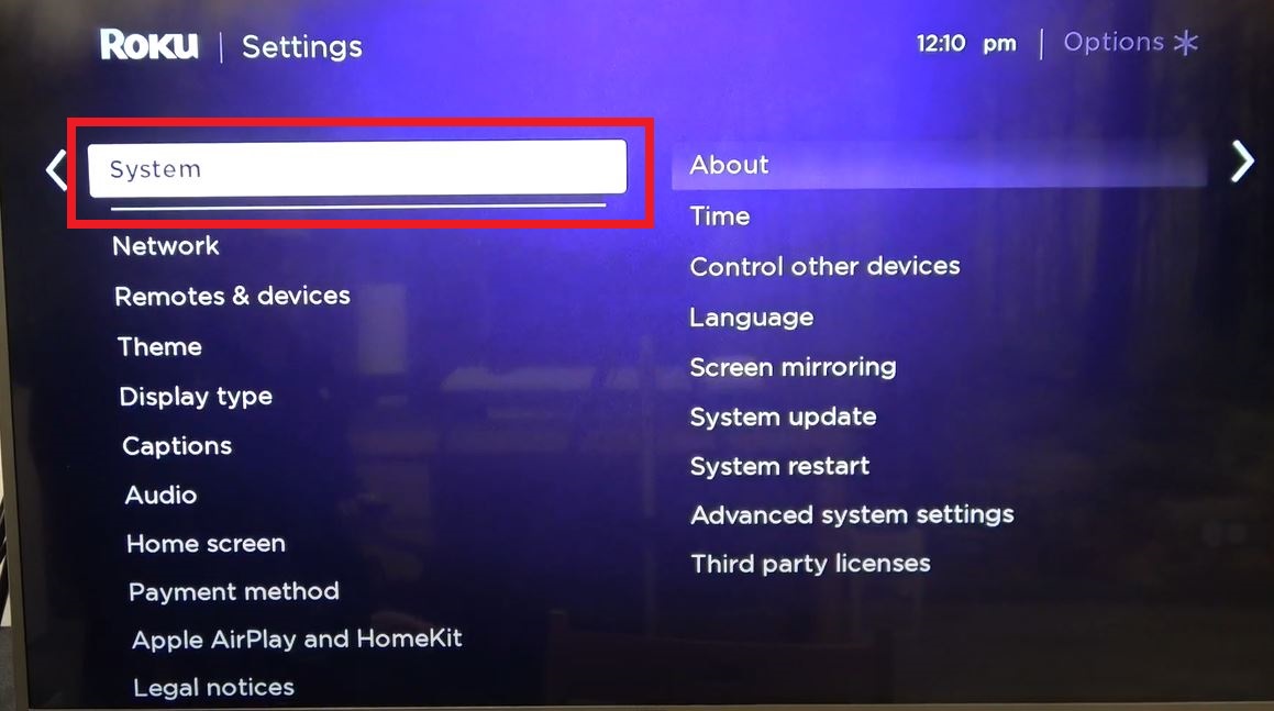 System Option on Roku