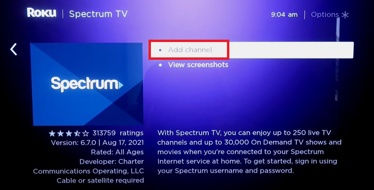 Click Add Channel to get Spectrum TV on Roku