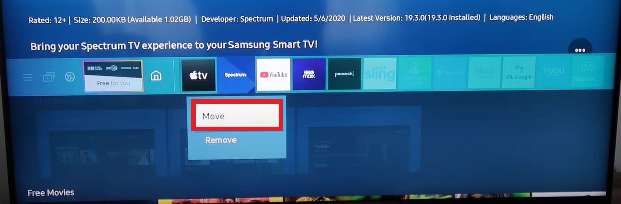 Click Move option to Move the Spectrum TV App on Samsung Smart TV