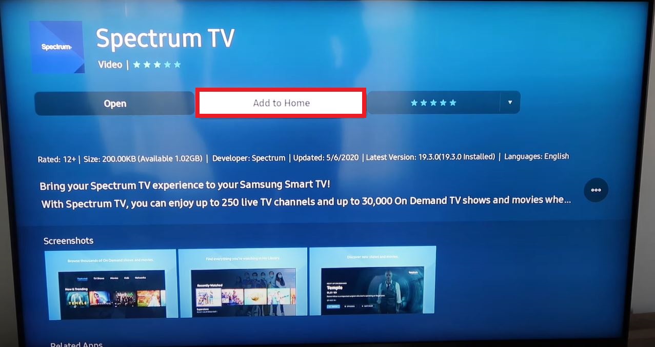 Select Add to Home to get Spectrum TV App on Samsung TV