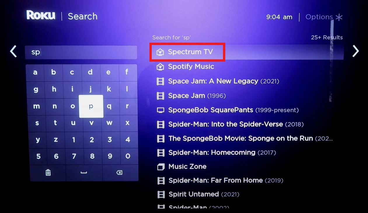 Select Spectrum TV from Roku search result