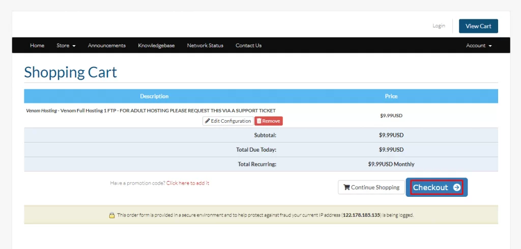 Checkout on Venom Hosting