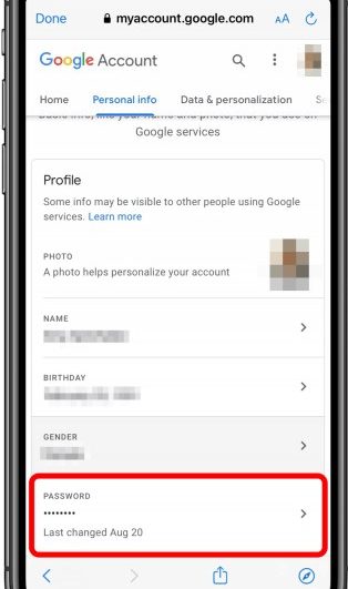 Tap on Password on google to Change YouTube TV Password