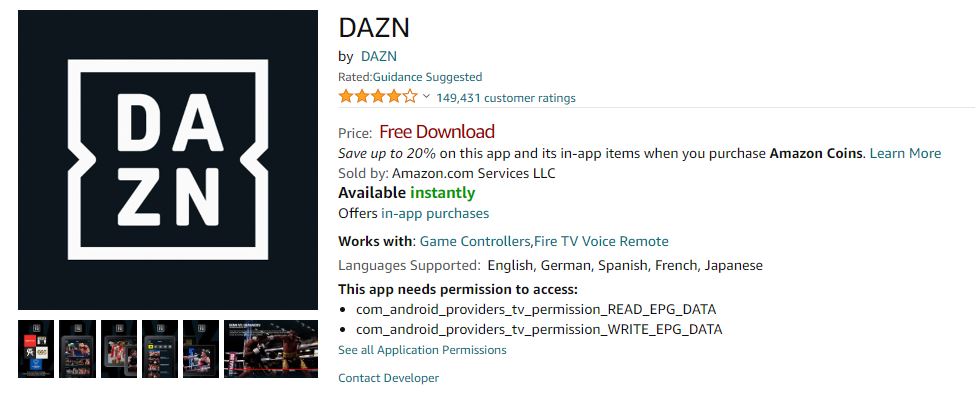 DAZN app on Amazon App Store