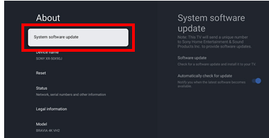 Sony TV System Software Update settings