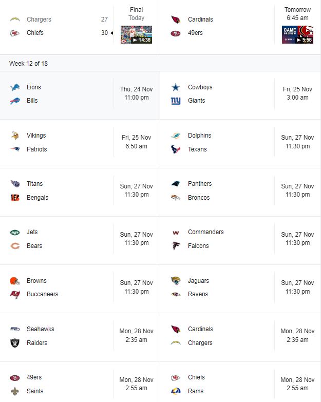 NFL Upcoming Game Schedule