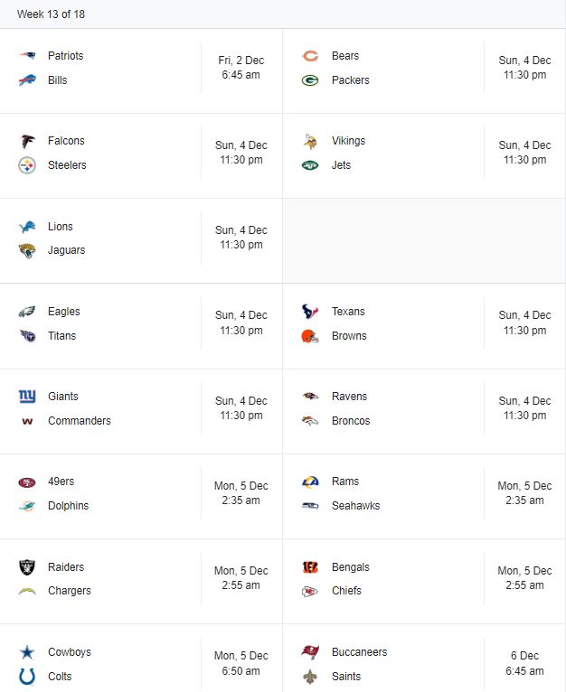 NFL match schedules on December 2022