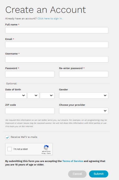 Create Account on MeTV