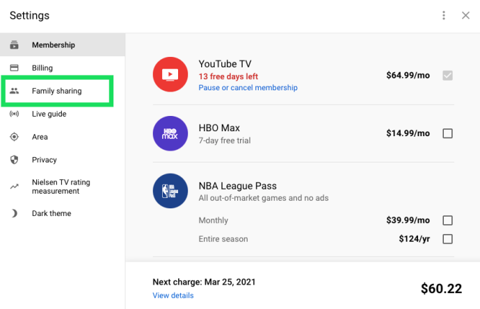 Family Sharing option on YouTube TV