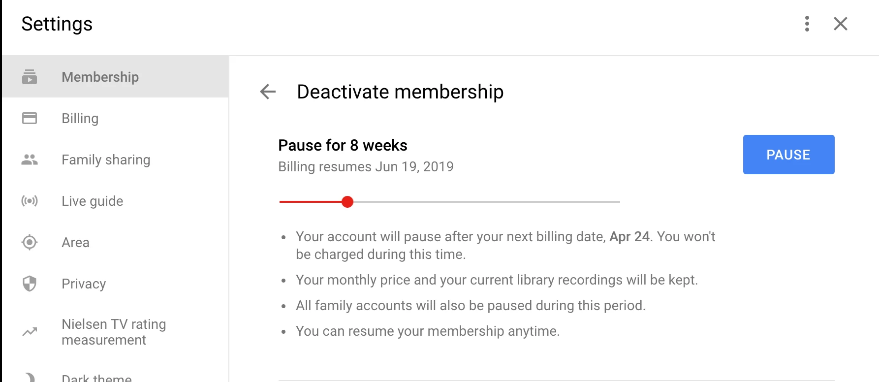 Pause Membership on YouTube TV