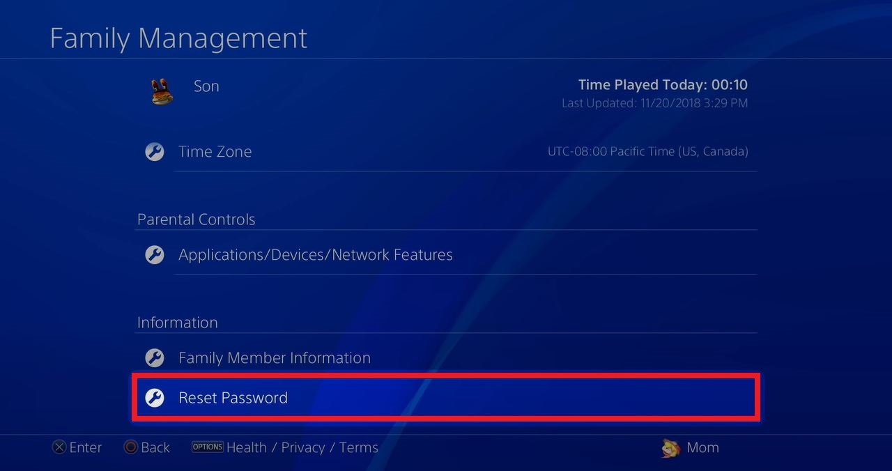 Reset Password on Family Manager