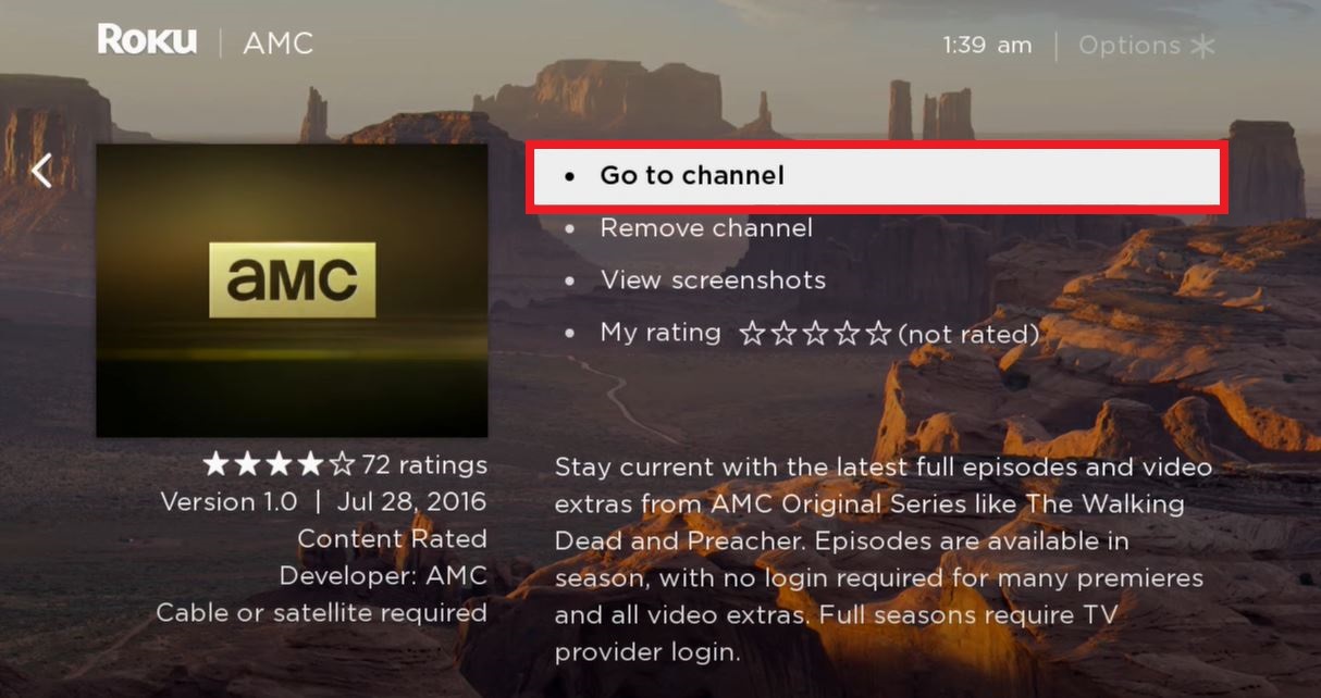 Select Go to Channel on Roku