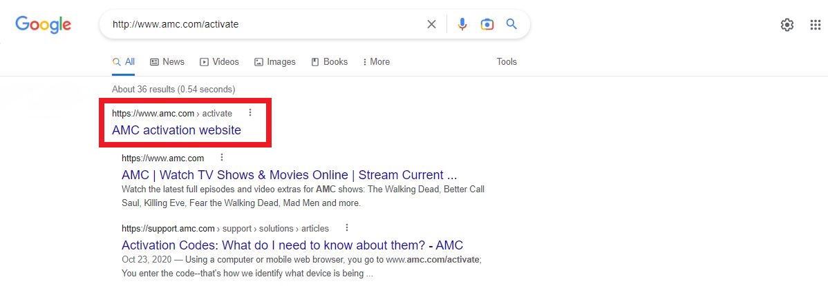 Select the AMC Activation site from the search result