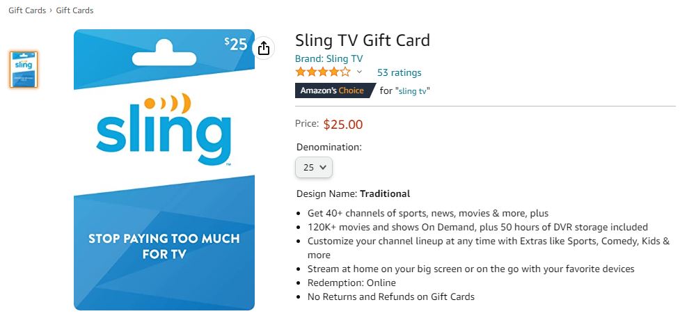 Sling TV Gift Card on Amazon