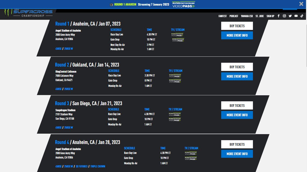 Supercross Race Schedule