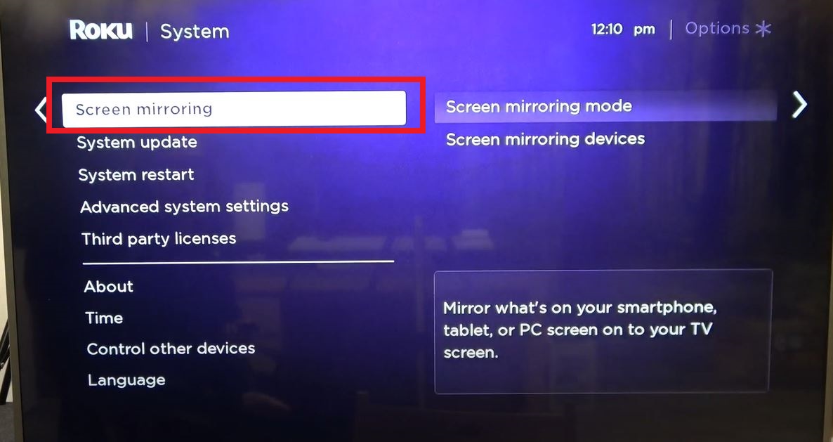 Tap on Screen Mirroring on Roku