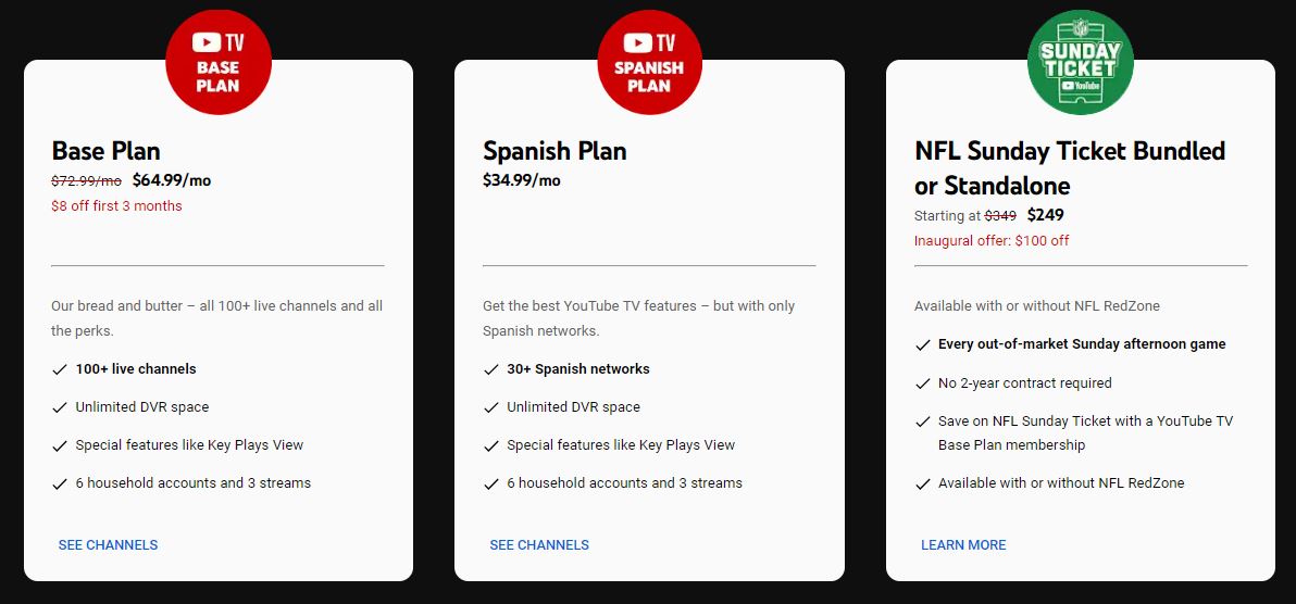 YouTube TV Subscription Plans for NFL Sunday Ticket 
