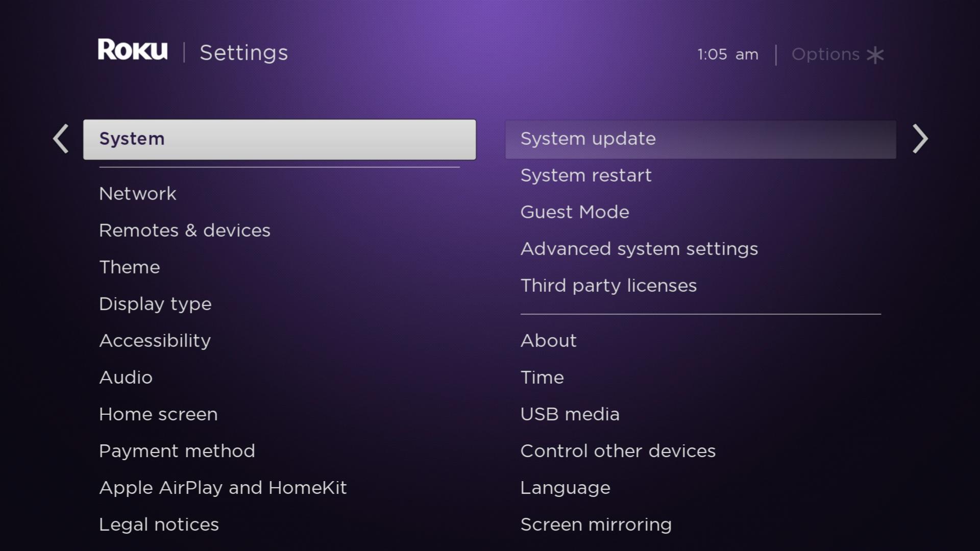 System Settings on roku