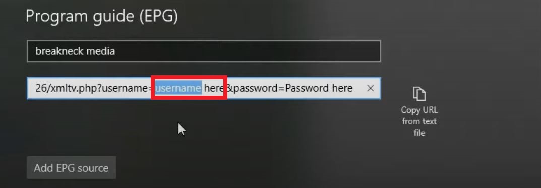 Username on EPG Source URL in MyIPTV Player