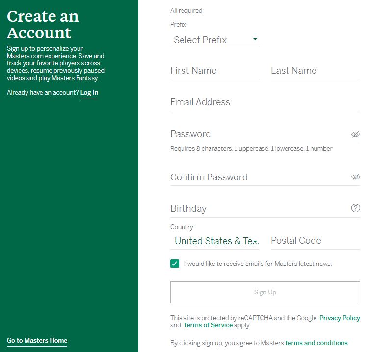 Create Account on The Masters