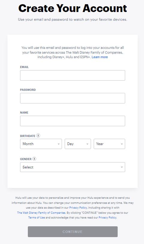 Create Account with Hulu