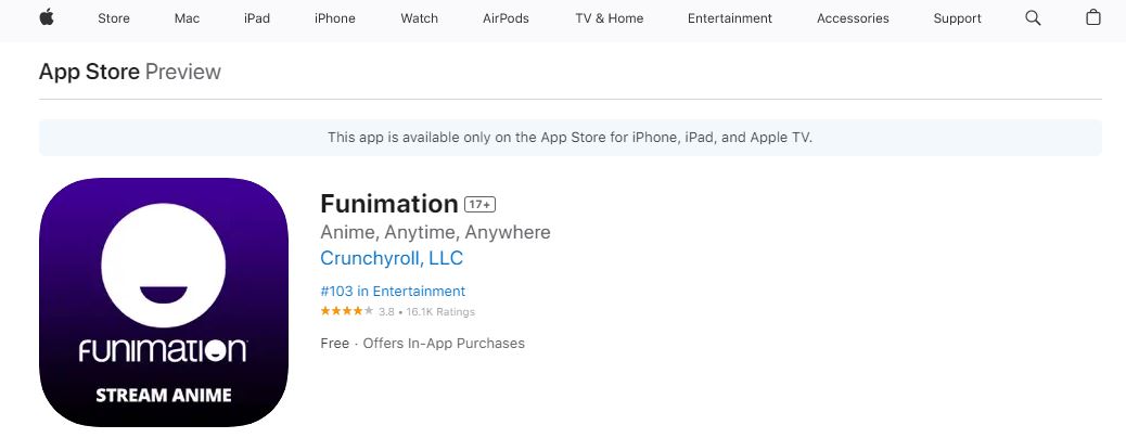 Funimartion app on Apple App Store