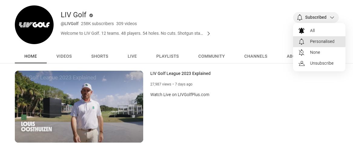 LIF Golf Notification on YouTube