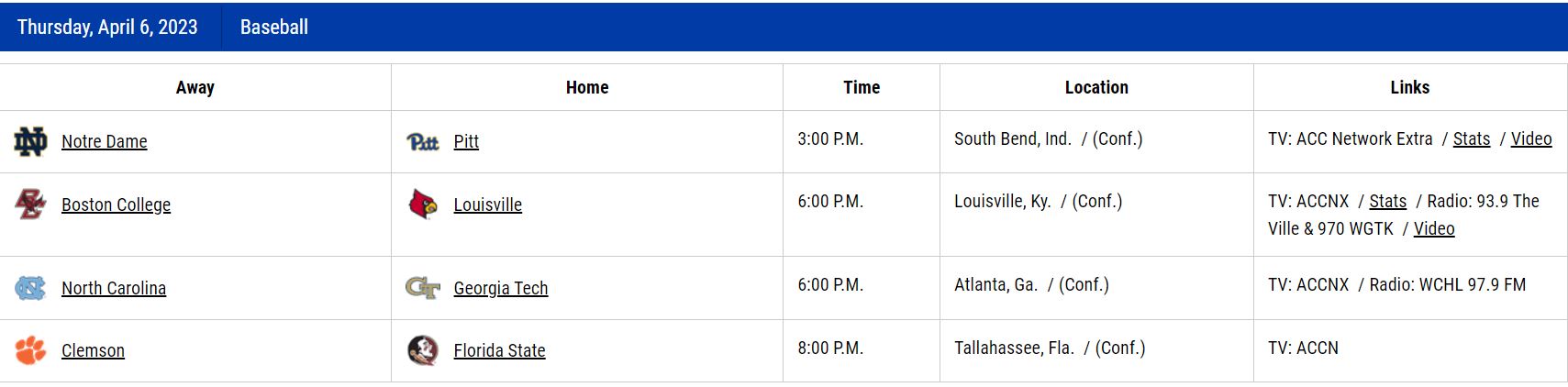 ACC Baseball Schedule