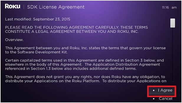 Agree Roku Developer Options Agreement