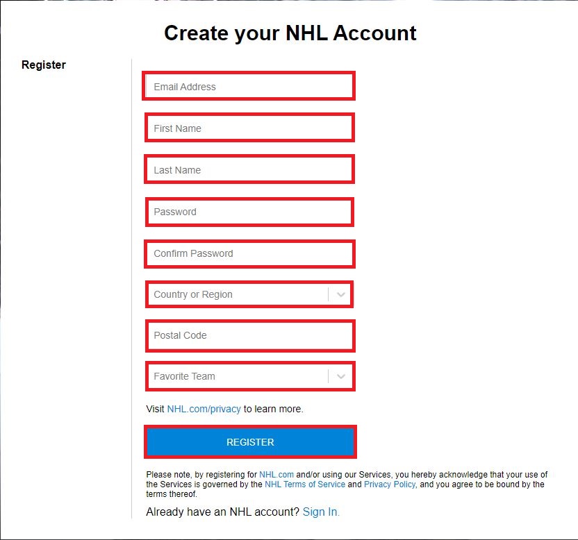 Create Account on NHL
