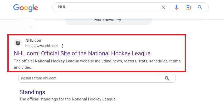 NHL Official Website on Browser