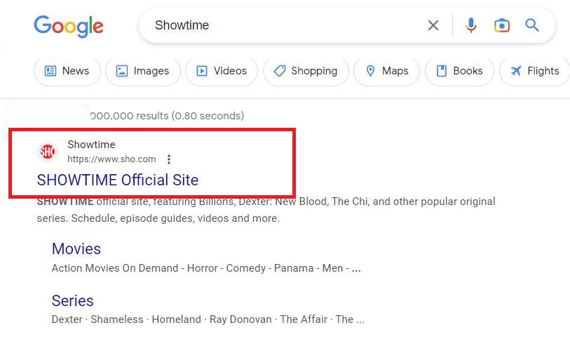 Showtime Official Site on Browser