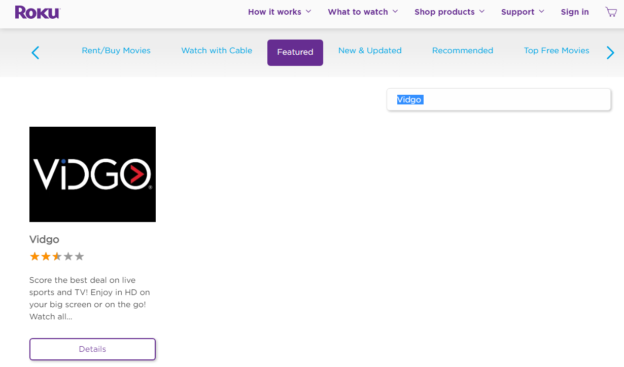 Vidgo Via Roku Website