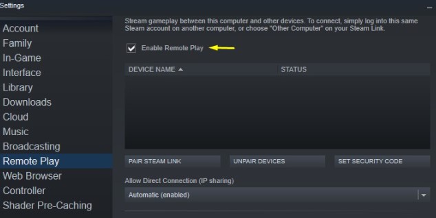 enable remote Play option