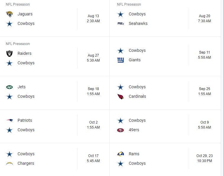 Cowboys Game schedule