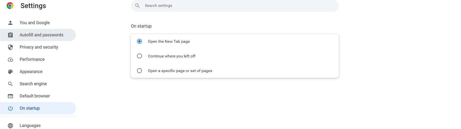 On Startup option on Chrome