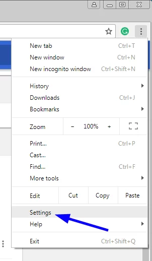 Settings option on Chrome