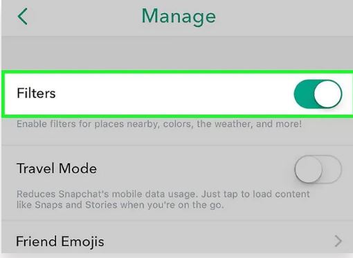 Filters option on settings