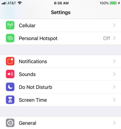 General Settings on iPhone