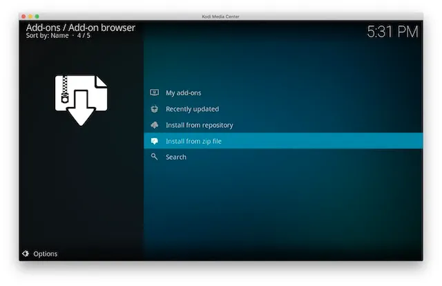 Install from Zip File on Kodi