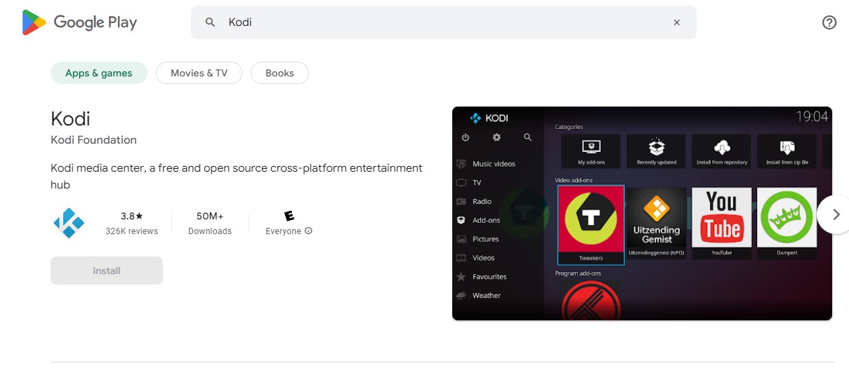 Kodi on Google Play Store