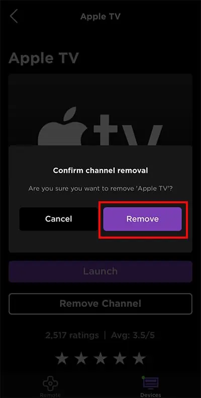 Remove app on Roku Mobile app 