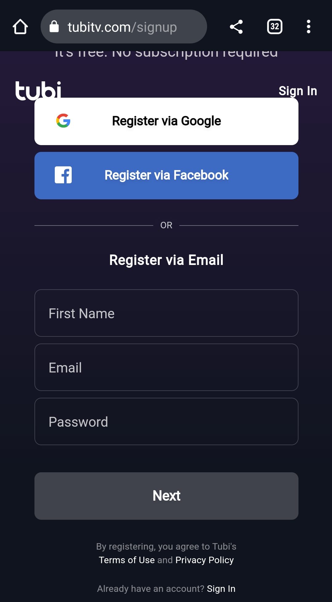 Register with Tubi