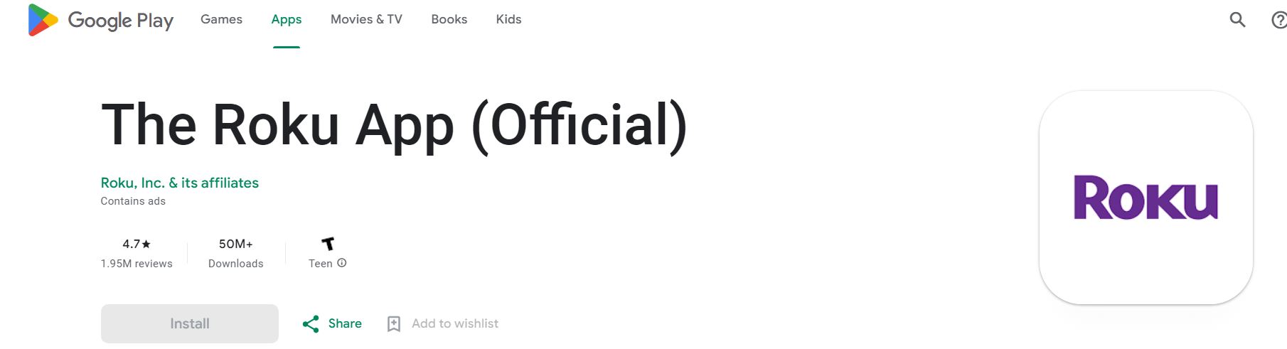 The Roku App on Google Play Store
