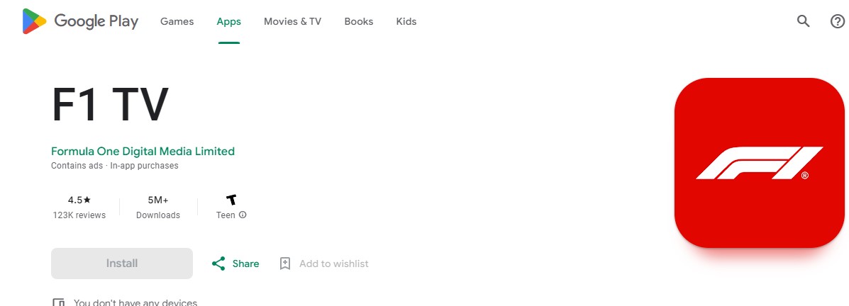 F1 on Google Play store